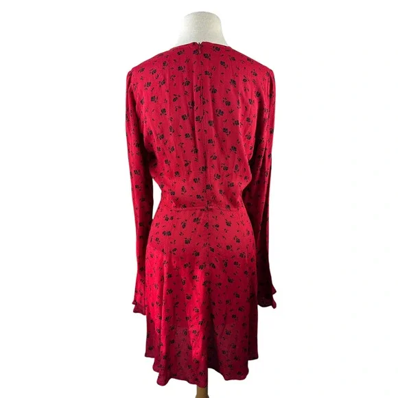 Reformation Red & Black Floral Print Mini Dress Bell Sleeve Ruffle Women's Large - Picture 9 of 16